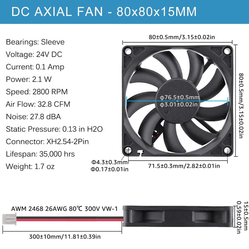 GDSTIME 80mm Fan, 80mm x 80mm x 15mm 24V DC Brushless Cooling Fan Sleeve Bearing - Image 2
